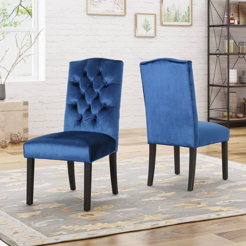 Velvet Tufted Back Dining Chairs, Navy Blue Visitor Chair for Living Room, Dining Room Crown-shaped Top Dining Chairs, Set of 2