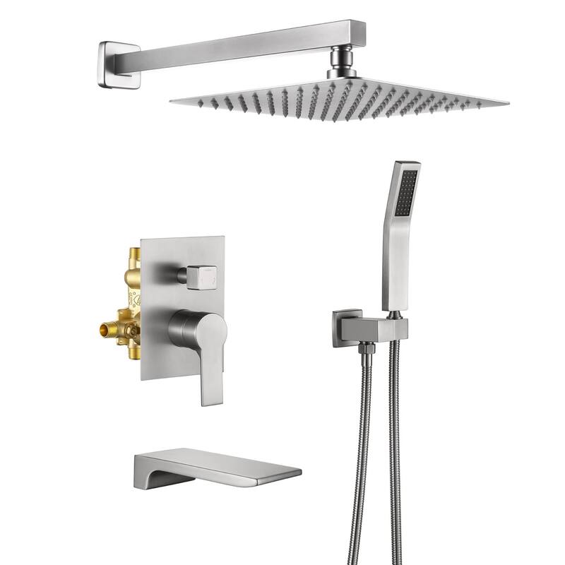 Wall Mount Tub Shower Faucet Set With Hand Shower Complete Shower System With Tub Spout With Pressure Balance Valve - 10" x 10" - Brushed Nickel