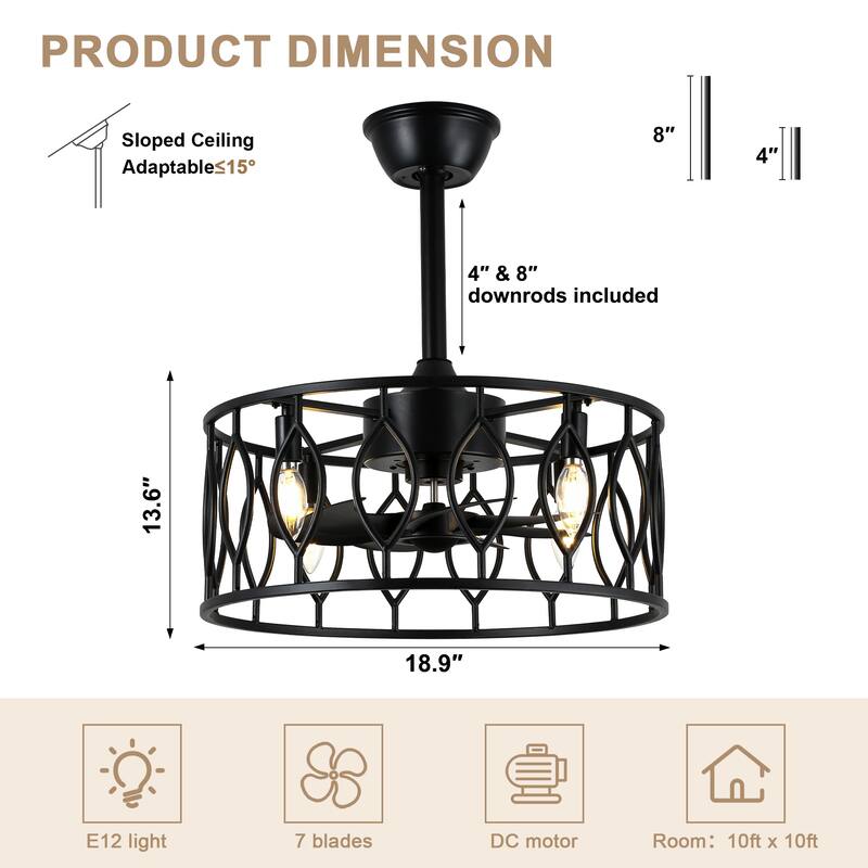 Bella Depot 19" Industrial Black Caged Ceiling Fan with Light Kit and Remote Control 6-Speed Reversible Motor - 18.9"