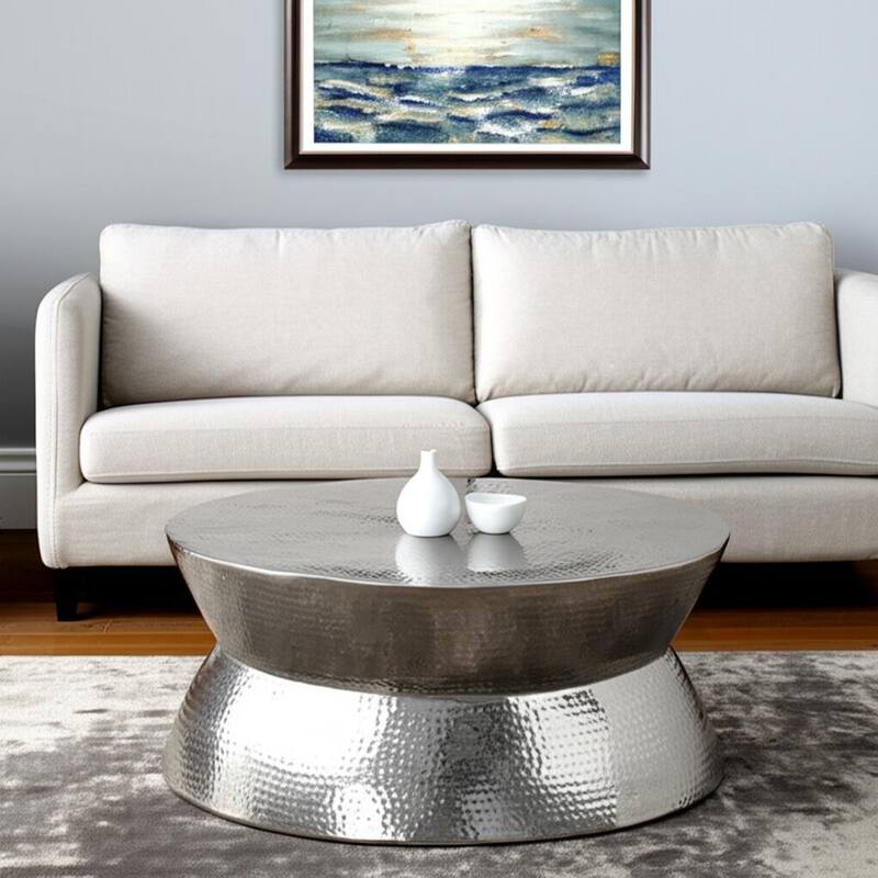 HomeRoots 37" Silver Aluminum Round Distressed Solid Coffee Table - 37.00 in. x 16.50 in. x 37.00 in. - Silver
