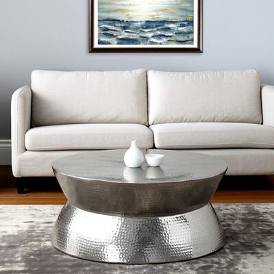 HomeRoots 37" Silver Aluminum Round Distressed Solid Coffee Table - 37.00 in. x 16.50 in. x 37.00 in.