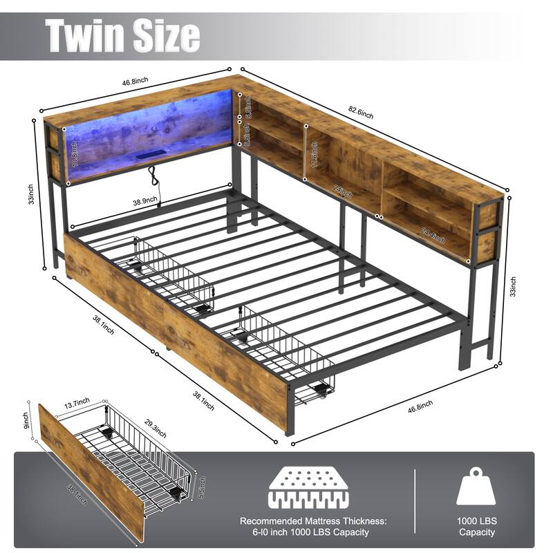 Corner Daybed Kids Platform Bed Frame with Storage Bookcase, Underbed Drawers, Charging Station and LED Lights