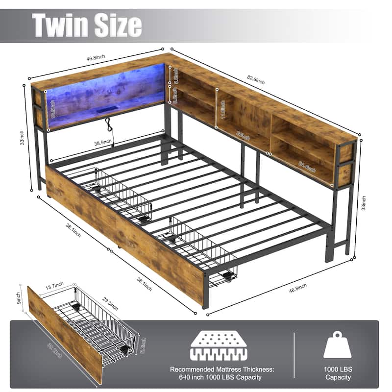 Twin Corner Daybed with Storage Drawers, Bookcase Headboard, LED Lighting & USB Charging Station