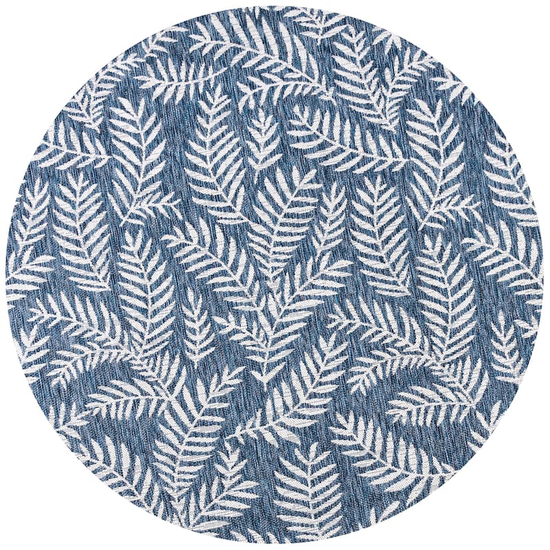 JONATHAN Y Galon Palm Frond Indoor/Outdoor Area Rug - 5' Round - Navy/Ivory