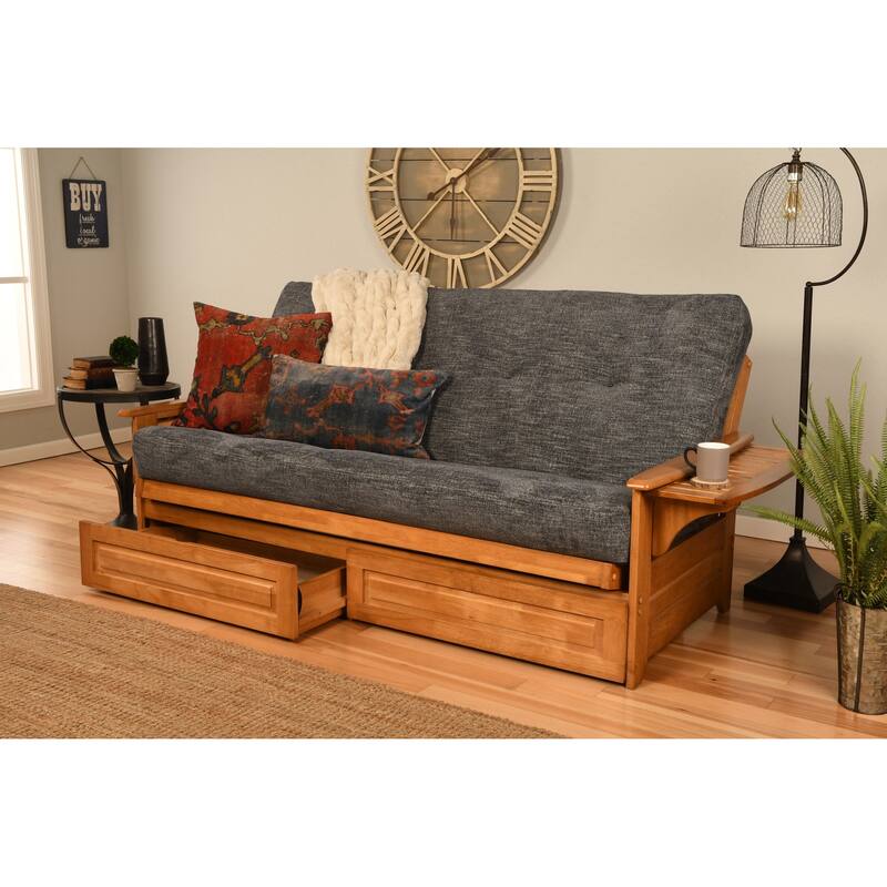 Somette Phoenix Butternut Futon Set with Storage Drawers and Mattress - Smoke