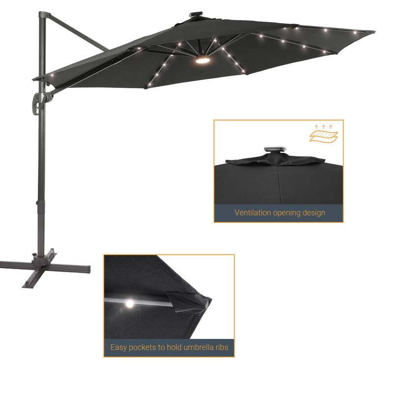 LIVOOSUN 11FT LED Cantilever Patio Umbrella 240g Solution-Dyed Fabric