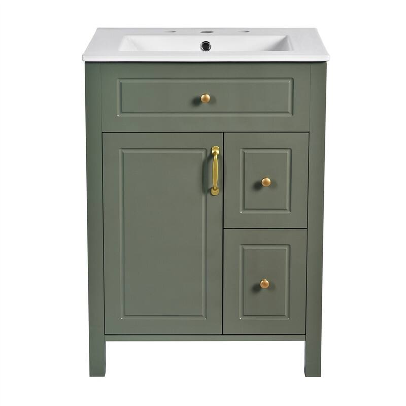 24'' Bathroom Vanity w/ Ceramic Sink Top, Modern Bathroom Vanity Cabinet w/ 1 Soft Close Door, 2 Soft Close Drawers & Door Racks