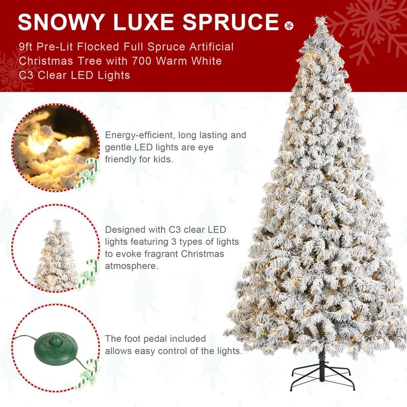 Glitzhome 6FT/7.5FT/9FT/11FT Snow Flocked Pre-lit Artificial Fir Christmas Trees