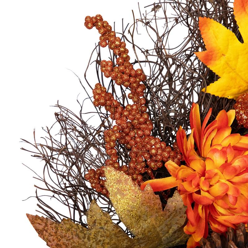 Mums and Acorns Glittered Artificial Fall Harvest Floral Twig Wreath - 22"