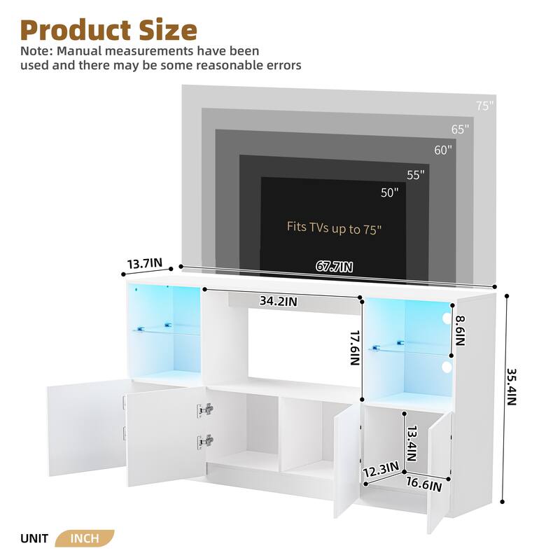 67" High Gloss TV Stand for Living Room, LED Smart Control Media Console with Large Storage Cabinet, Tempered Glass Shelves