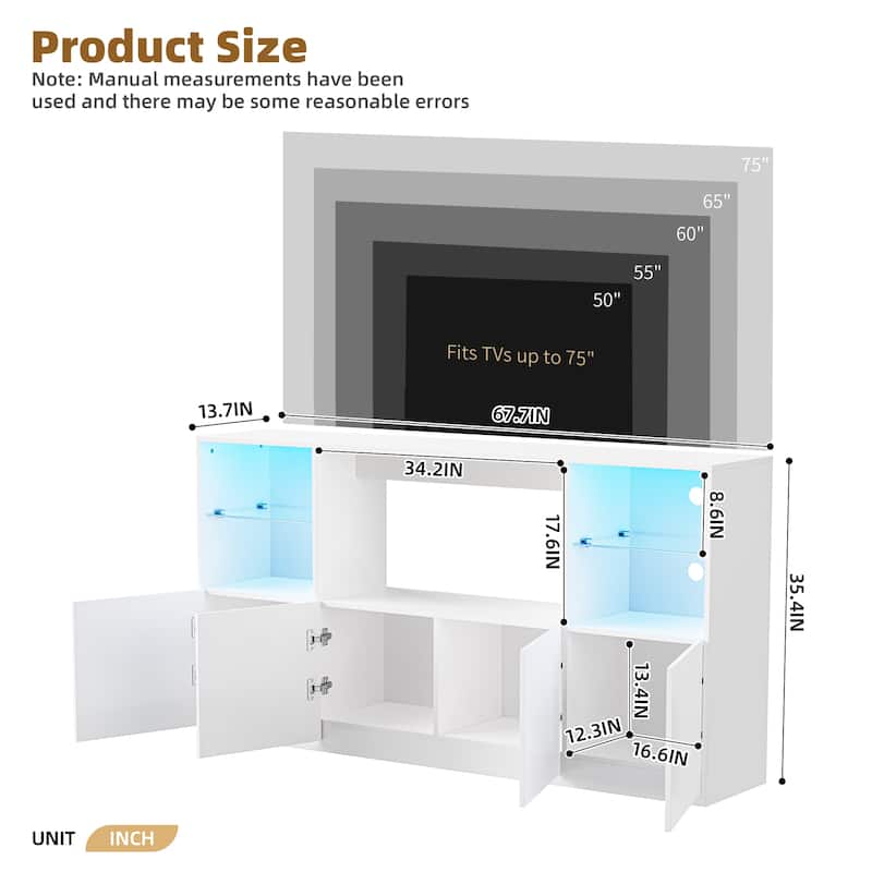 White 67" TV Stand with LED Lights, Large Storage Cabinet and Tempered Glass Shelves for TVs Up to 75"