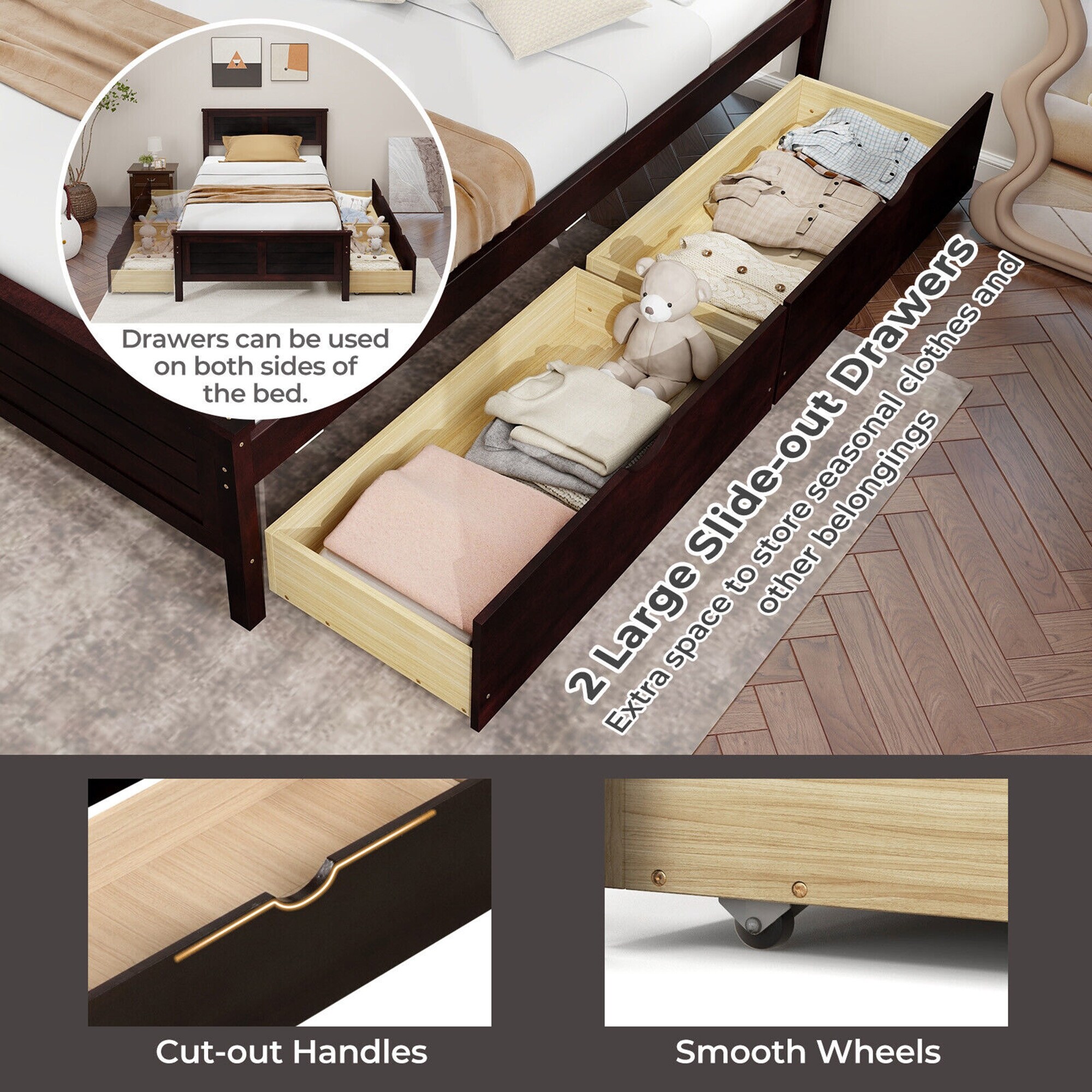 Gymax Bed Frame with Storage Drawers, Twin Size, Espresso, Modern