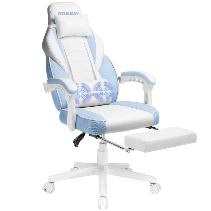 BOSSIN Racing Style Gaming Chair,300 lbs Big and Tall gamer chair High Back Computer Chair - White/Blue