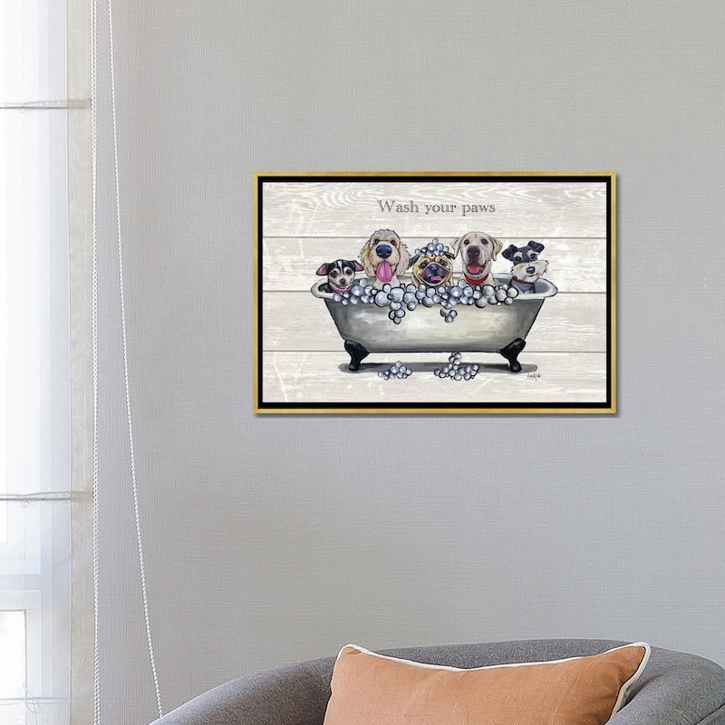 iCanvas "Tub With Dogs, Bathroom Dogs, Wash Your Paws" by Hippie Hound Studios Framed Canvas Print