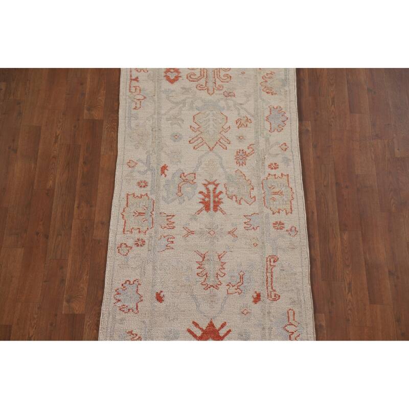 Hand Knotted Oriental 100% Wool Carpet Transitional All-Over Beige & Ivories Oushak Runner Rug - 17' 7'' X 2' 6''