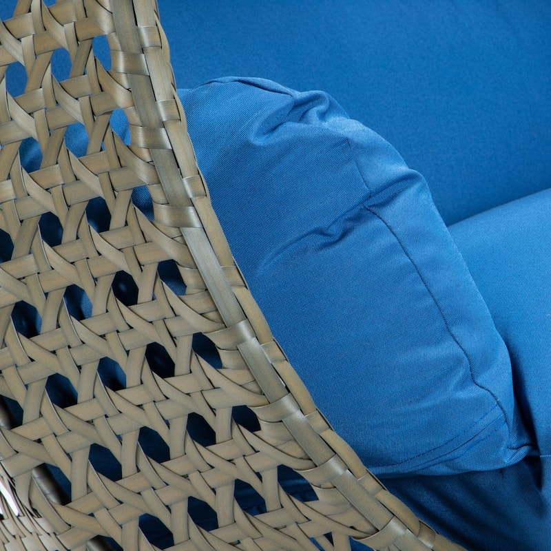 LeisureMod 2-Person Hanging Egg Swing Chair with Metal Stand - Handcrafted Beige Wicker, Patio Hammock Lounger with Cushions