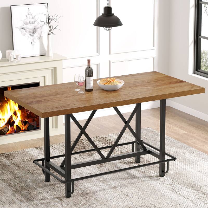 63" Long Wood Dining Table for 4-6 People, Farmhouse Dinner Table with Thick Tabletop, Kitchen Table with Footrest