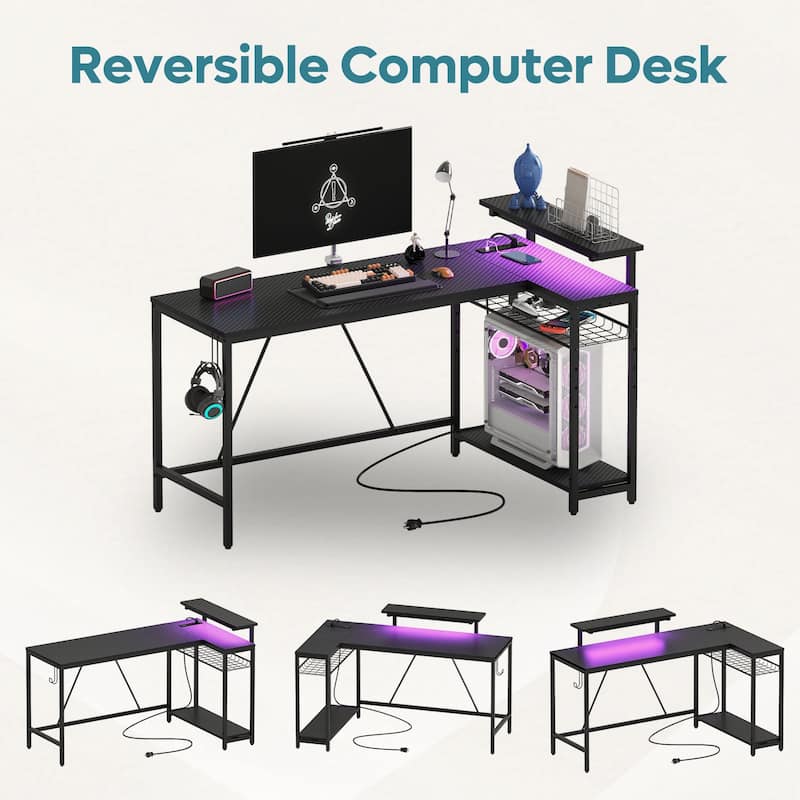 Reversible L Shaped Desk LED Computer Desk with Power Outlets and Monitor Stand Office Desk