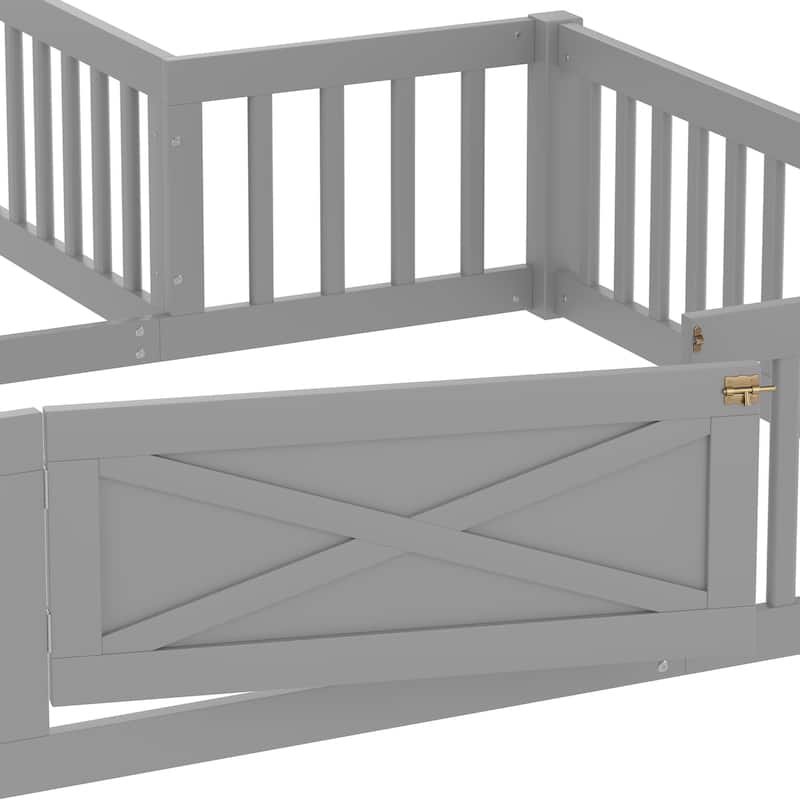 Montessori Floor Bed for Toddler Kids, L Shape House Bed with Door and Guardrails, Double Bed Frame Design for Sleeping and Play