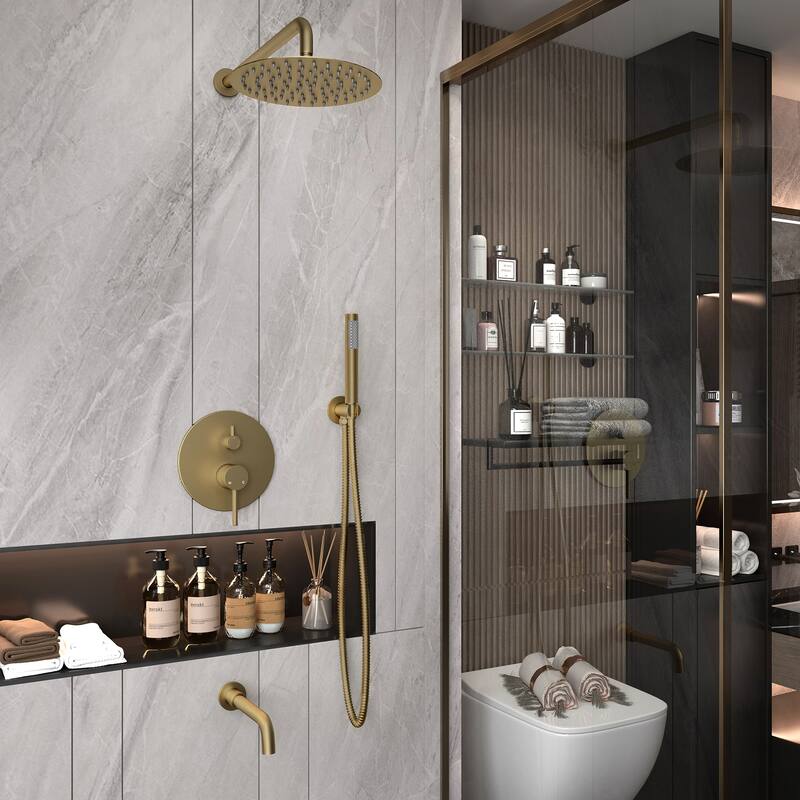 10-Inch Three-function Wall-mounted Round Shower Set - Brushed Gold