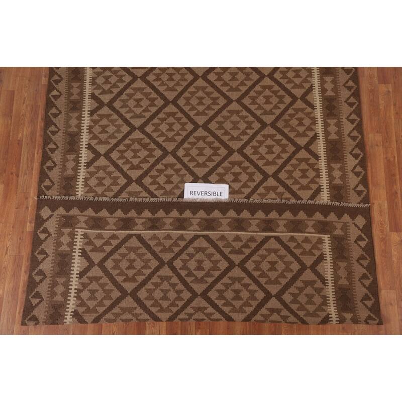 Hand Woven Oriental 100% Wool Carpet Southwestern Geometric Brown Kilim Area Rug - 9' 7'' X 6' 9''