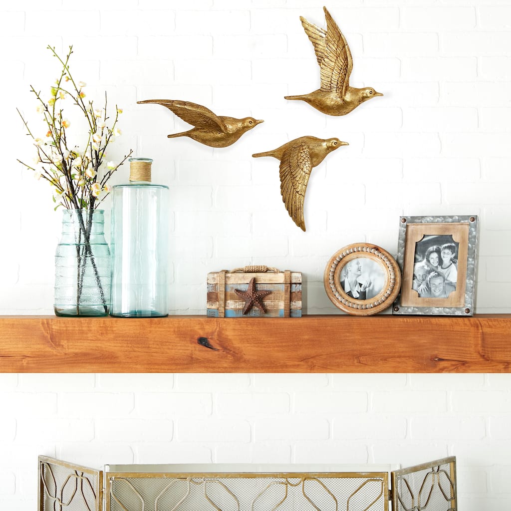 Polystone Weathered 3D Floating Bird Wall Decor (Set of 3) - Dark Brown, Gold, Silver