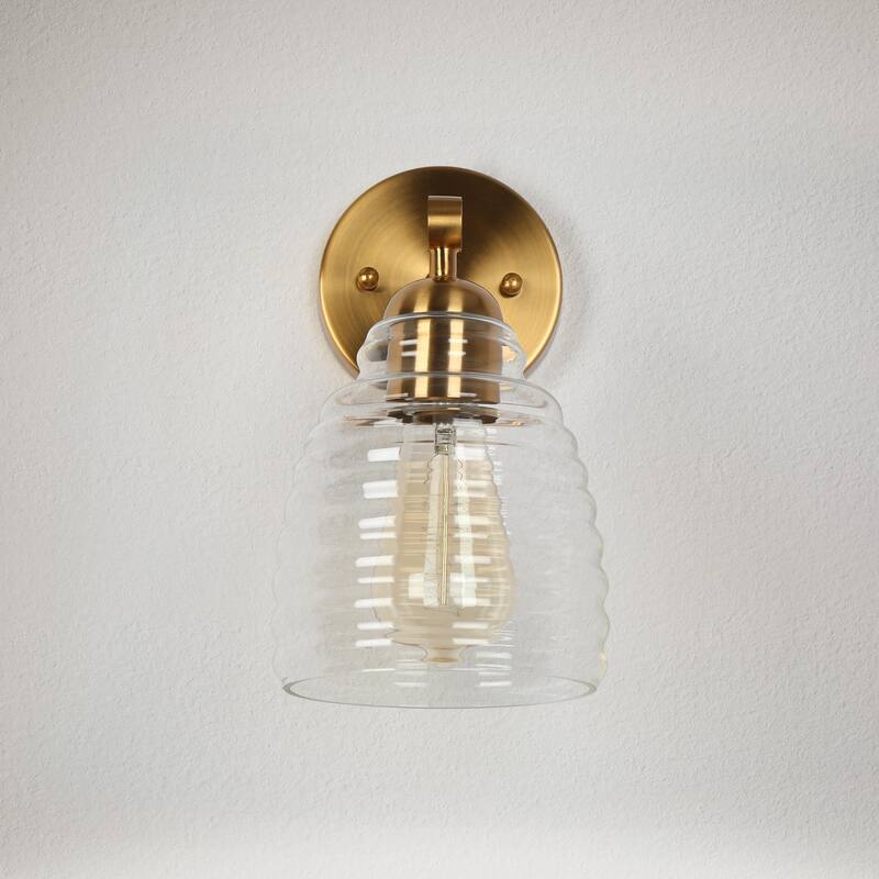 Reno Modern 1-Light Gold Bathroom Vanity Light Clear Glass Wall Sconce - L 5.5" x W 7.5" x H 9.8"