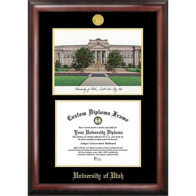 University of Utah 11w x 8.5h Gold Embossed Diploma Frame with Campus Images Lithograph