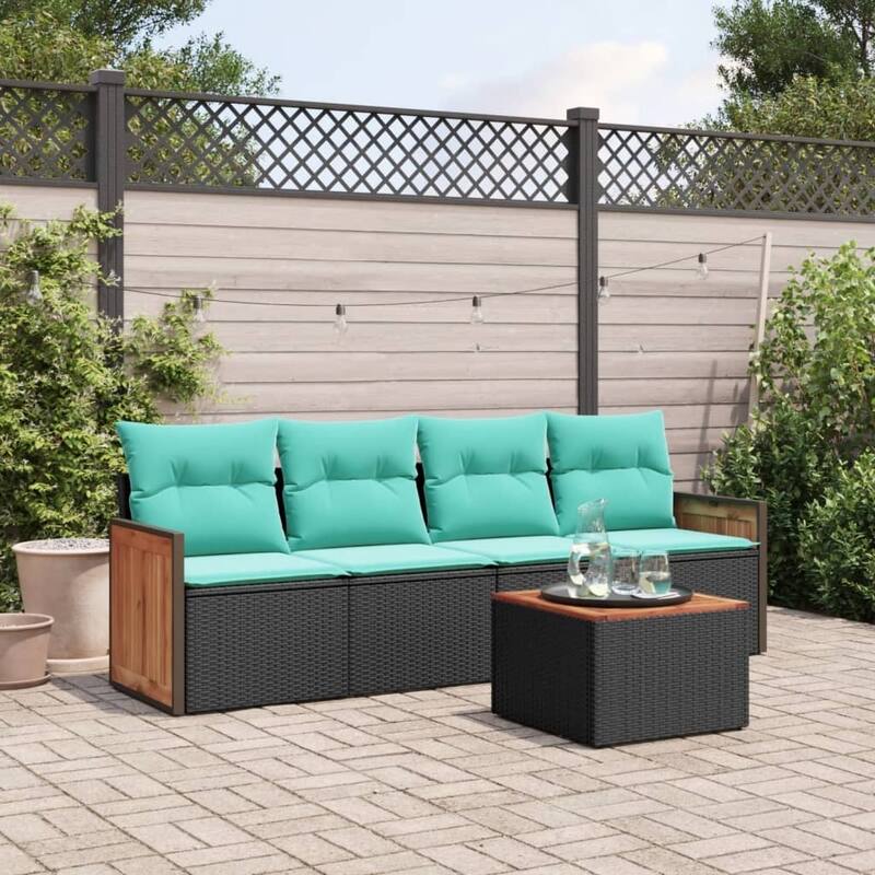 vidaXL 4/5 Piece Patio Sofa Set with Cushions Black/Gray Poly Rattan - 21.7 x 24.4 x 27.2 - Black With table