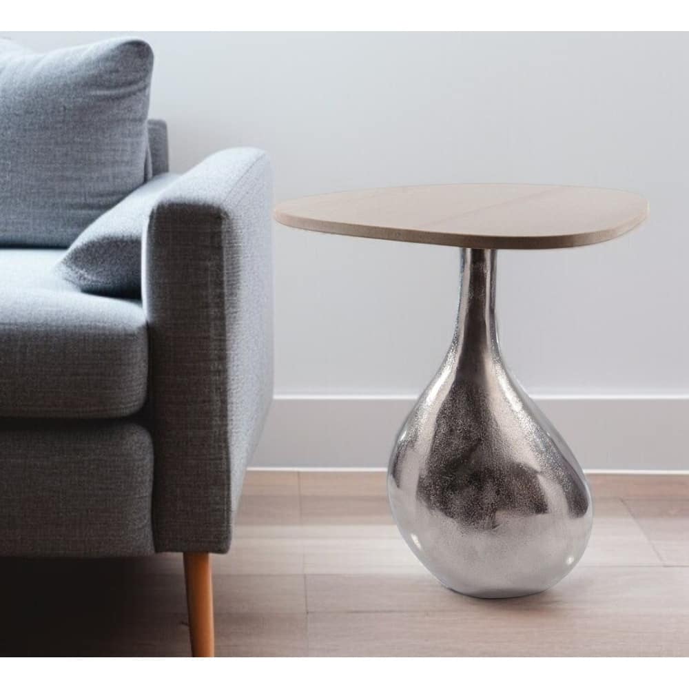 HomeRoots 22" Silver And Beige Cast Aluminum And Marble Pedestal End Table - 18.25' X '21.75' X '17.25
