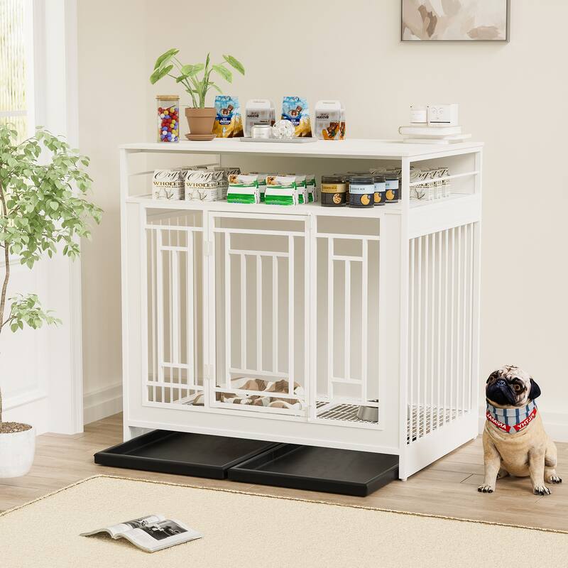 43.3" Dog Crate Furniture for Large Dogs, Wooden Dog Crate with Divider, 2 Door Dog Kennel with 3 Drawers Storage