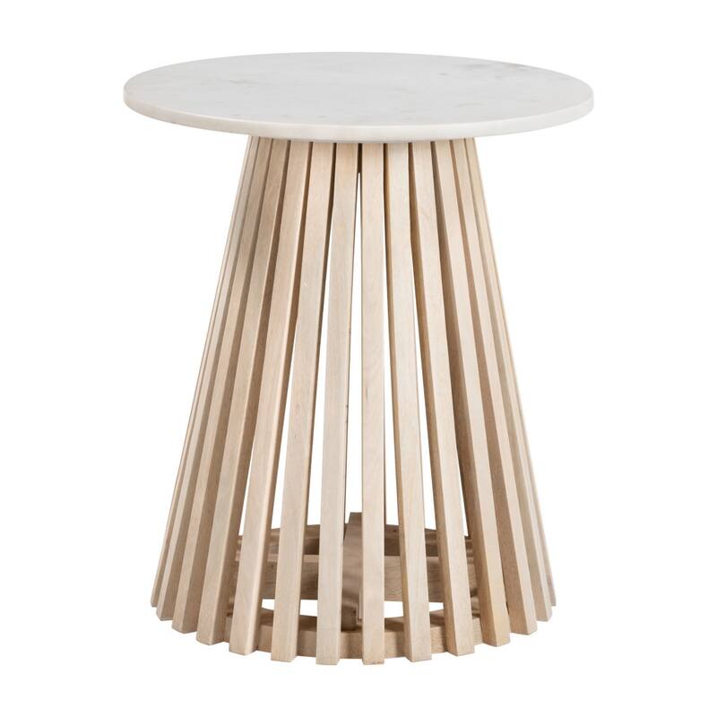 HomeRoots 20" White and Natural Distressed Marble and Solid Wood Round Pedestal End Table - 19' X '20.1' X '19