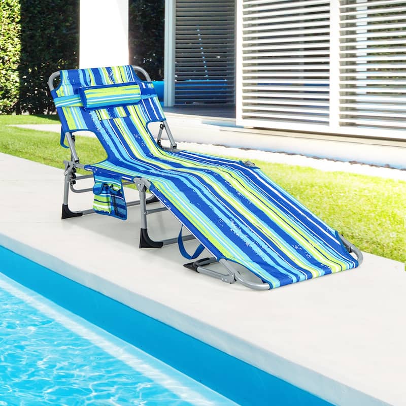 Goplus Outdoor Beach Lounge Chair Folding Chaise Lounge with Pillow - See Details - Blue&Green