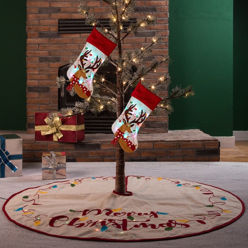 Glitzhome 21"L LED Embroidered Linen Reindeer Cat Dog Christmas Stockings