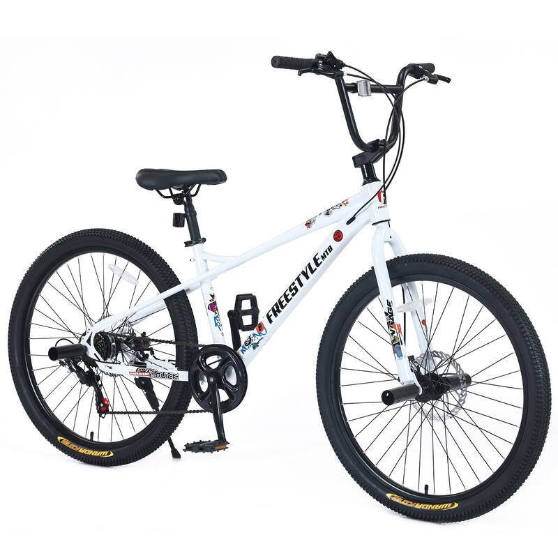 Freestyle Kids Mountain Bike, 26-inch, Shimano 7-Speed, Double Disc Brakes, Purple Bicycle for Boys & Girls 12+ Years - White