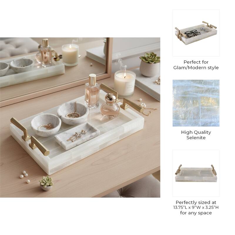 Stone Decorative Tray Chic Stylish Hardware Handles - 14" Gold - 13.75"