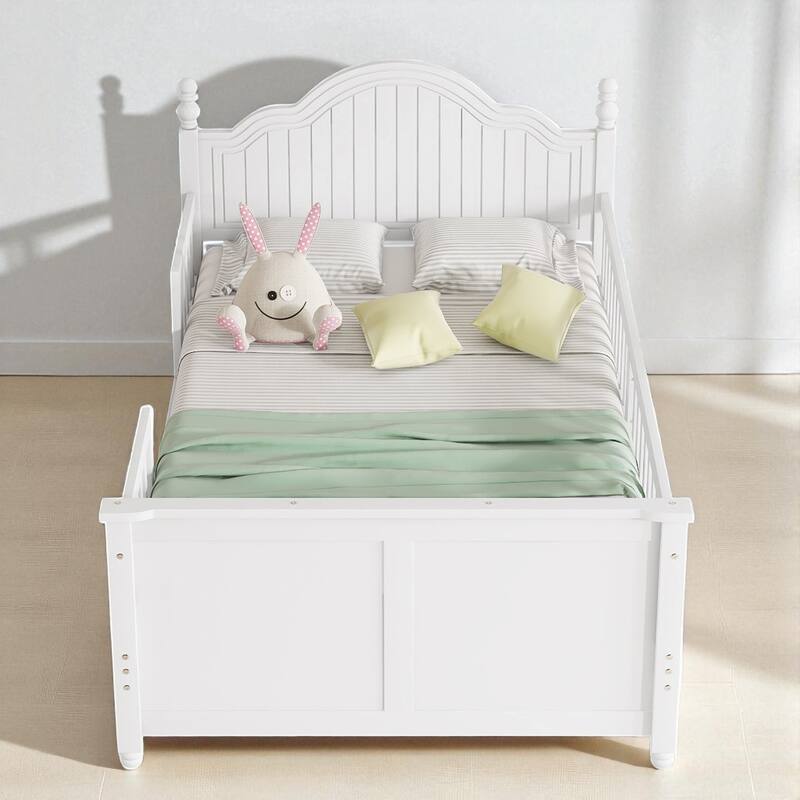 Twin/Full Size Wooden Kids Bed with Headboard, Footboard, Guardrails and Storage, Platform Bed Frame