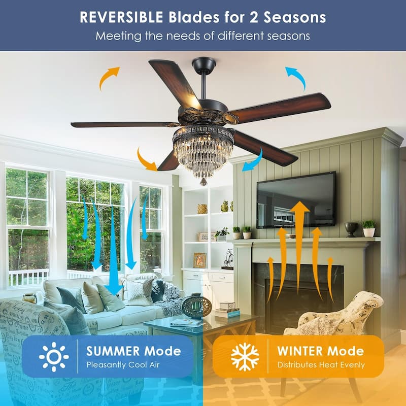 52" or 62" Crystal Ceiling Fan Chandelier with Lights,Remote Control, Timer,Reversible Motor