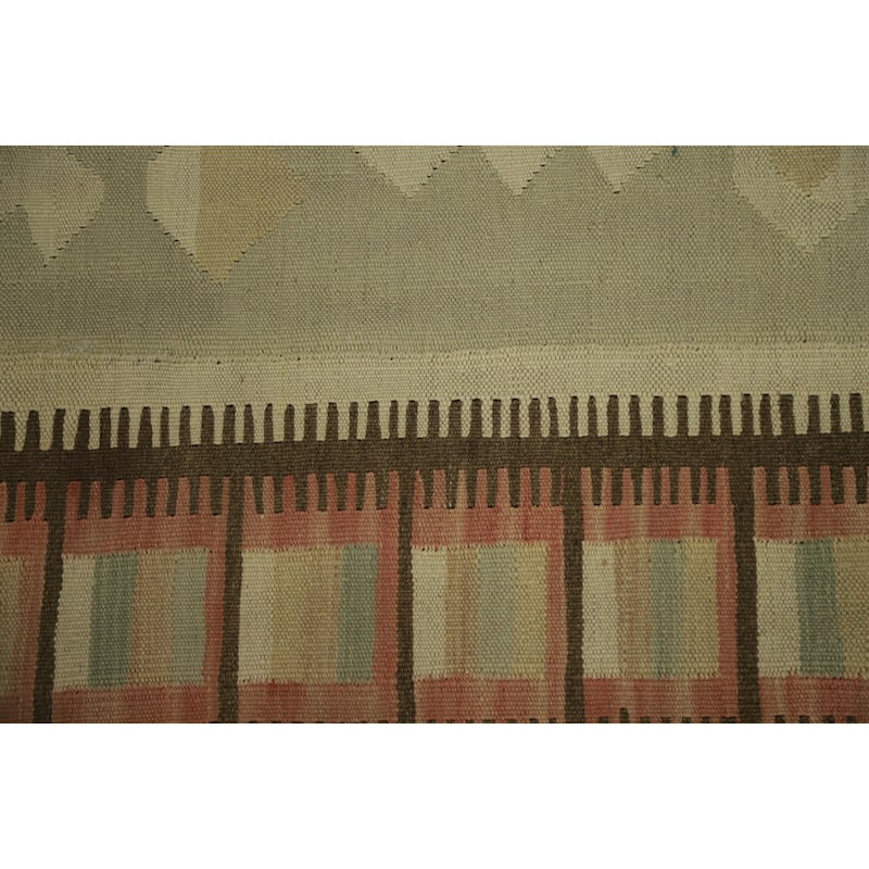 Hand Woven Oriental 100% Wool Carpet Southwestern Tribal Green Kilim Area Rug - 9' 4'' X 6' 1''