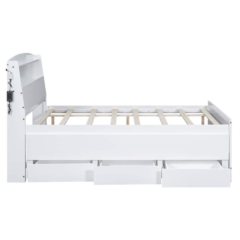 Solid Wood Full Size Platform Bed Frame with Storage LED Headboard and 3 Drawers, Pull-out Trundle Bed for Bedroom, Apartment
