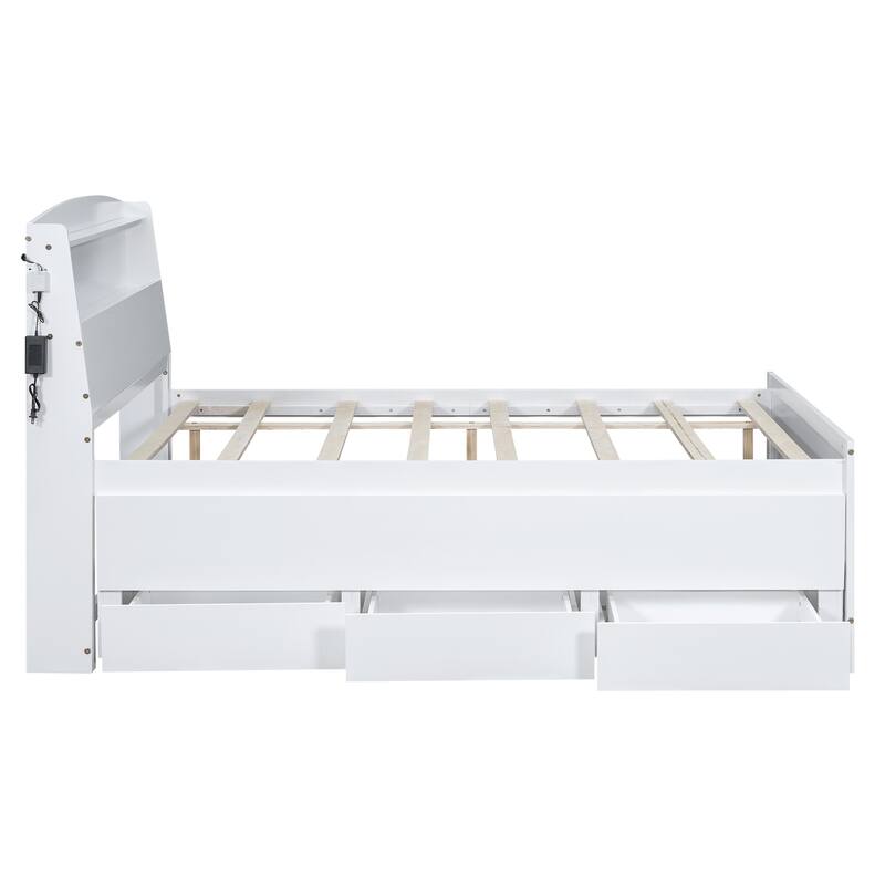 White Full Size Storage Platform Bed with LED Headboard, Twin Trundle and 3 Drawers