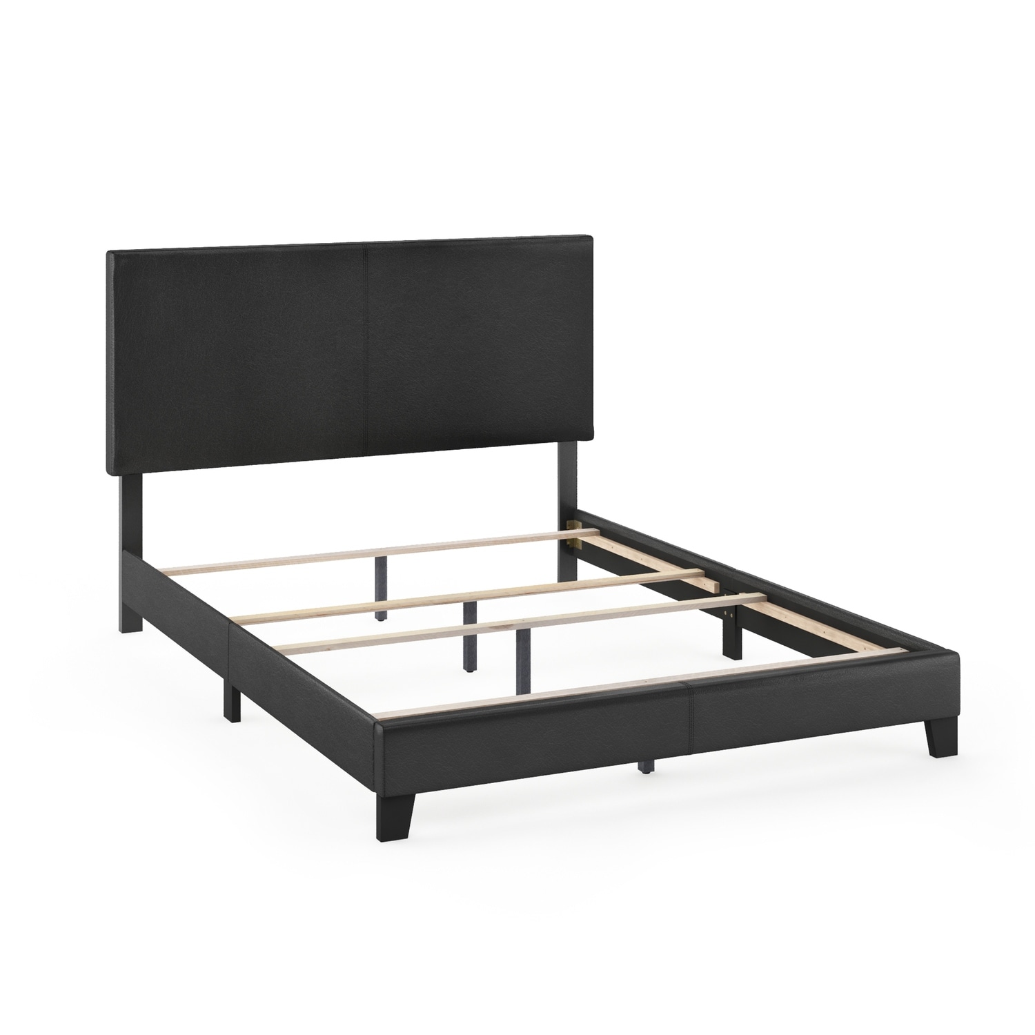 King Bed Frame Upholstered Black PU Leather Platform Bed Modern Glam Style
