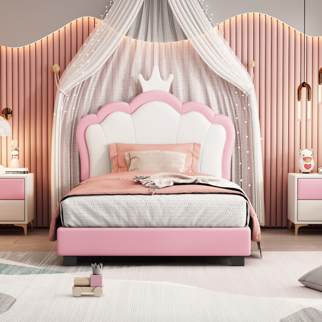 Cream & Pink Twin Upholstered Princess Bed with Crown Headboard - Fairy Tale!