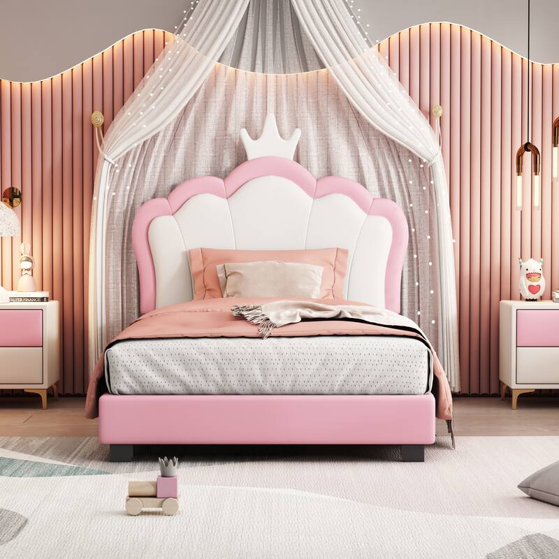 Twin size Upholstered Princess Bed With Crown Headboard,Twin Size Platform Bed with Headboard and Footboard,Cream+Pink