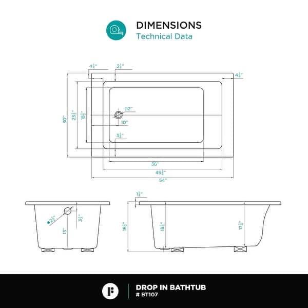 Fine Fixtures 36-inch x 72 inch Soaking Drop In or Alcove Bathtub