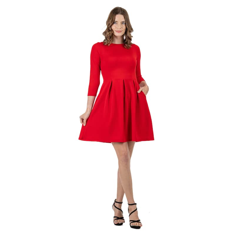 24seven Comfort Apparel Perfect Fit and Flare Pocket Dress - Red - M