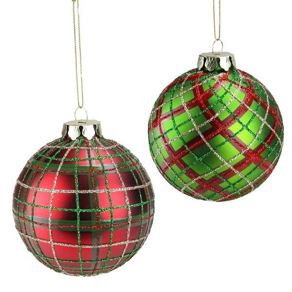 slide 2 of 2, Set of 2 Red and Green Plaid Glass Ball Christmas Ornaments 3.25” (80mm) - N/A