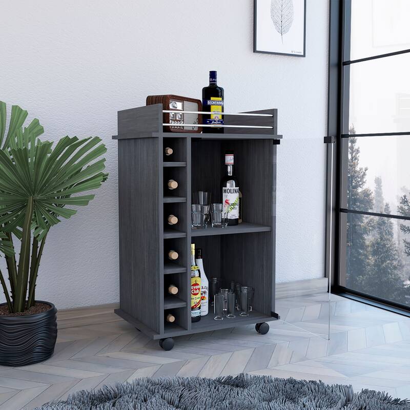 TUHOME Dukat Bar Cart,Two Shelves, Six Built-in Wine Rack and Four Casters - N/A
