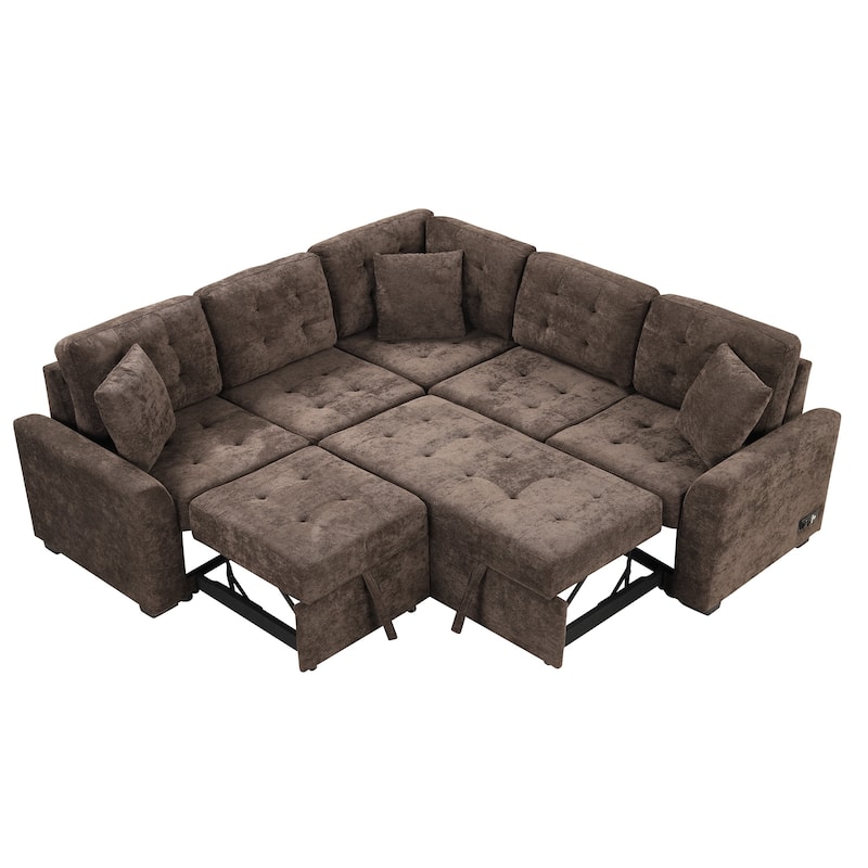 82.6-inch L-shaped Pull-out Sleeper Sofa with Wheels, USB Ports, Power Sockets - 82.6"W x 82.6"D x 33"H