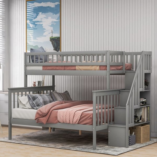 slide 2 of 18, Wooden Twin over Full Stairway Bunk Bed with Storage